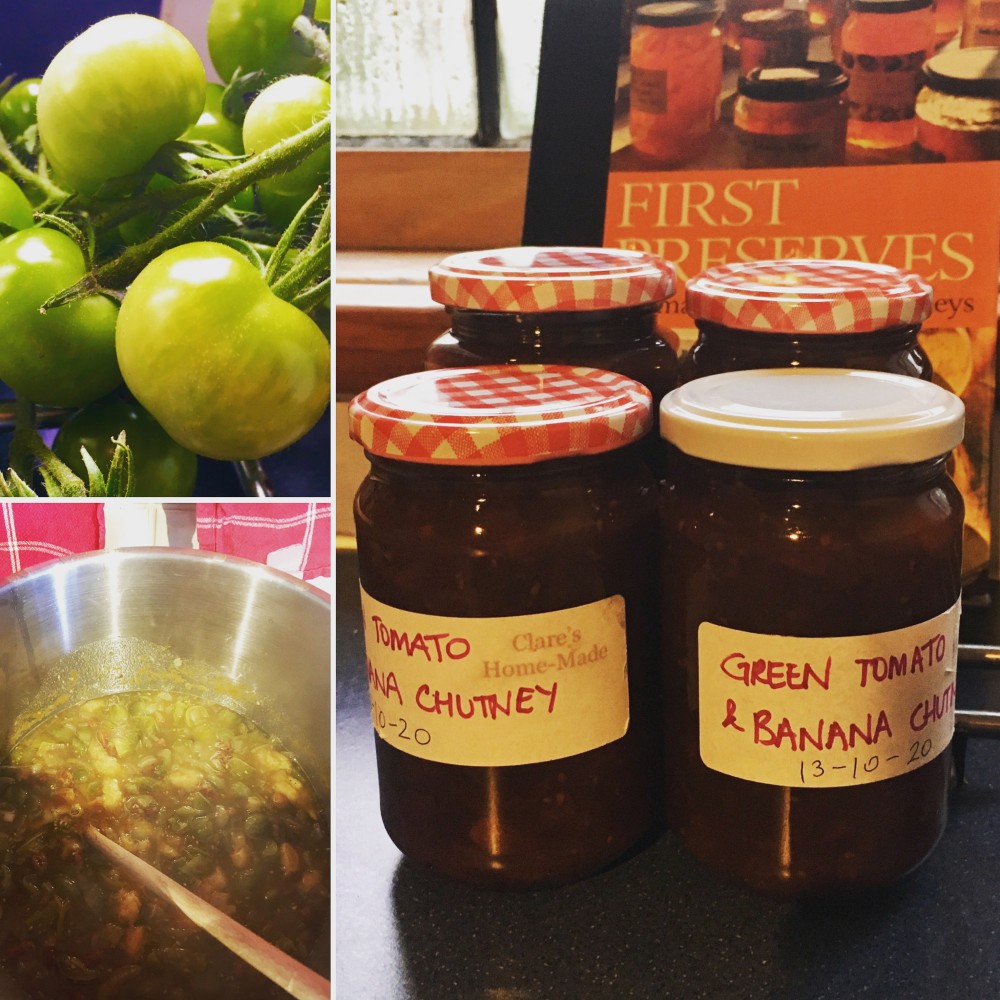 A montage of photos showing the making of green tomato and banana chutney