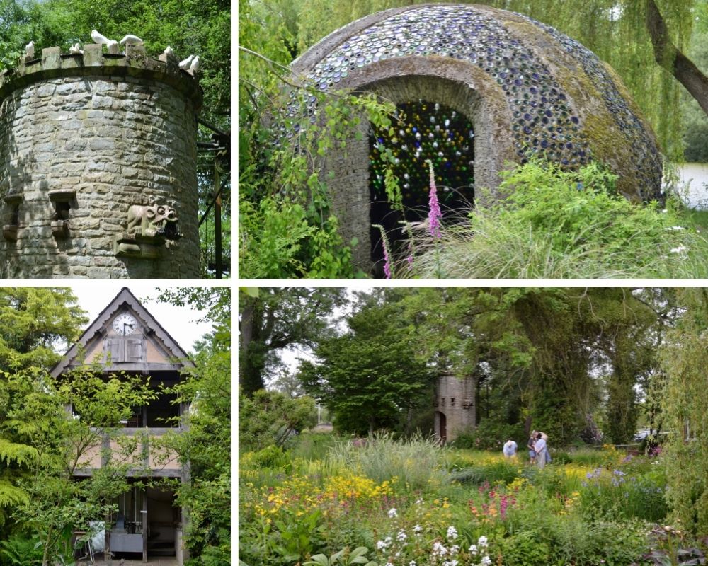 A montage of photos from Westonbury Mill Gardens, showing flowers, a tower, a hut made of bottles and a cuckoo clock.