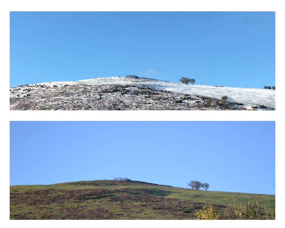 Montage of Caer Caradoc hill in February